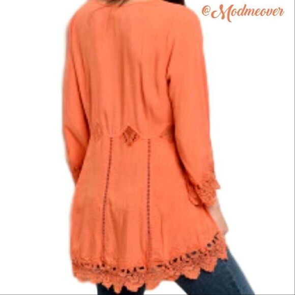 Boho Tunic ~ Pumpkin Spice ~ Embroidered ~ Scallop Lace Trim ~ NEW - Picture 4 of 10